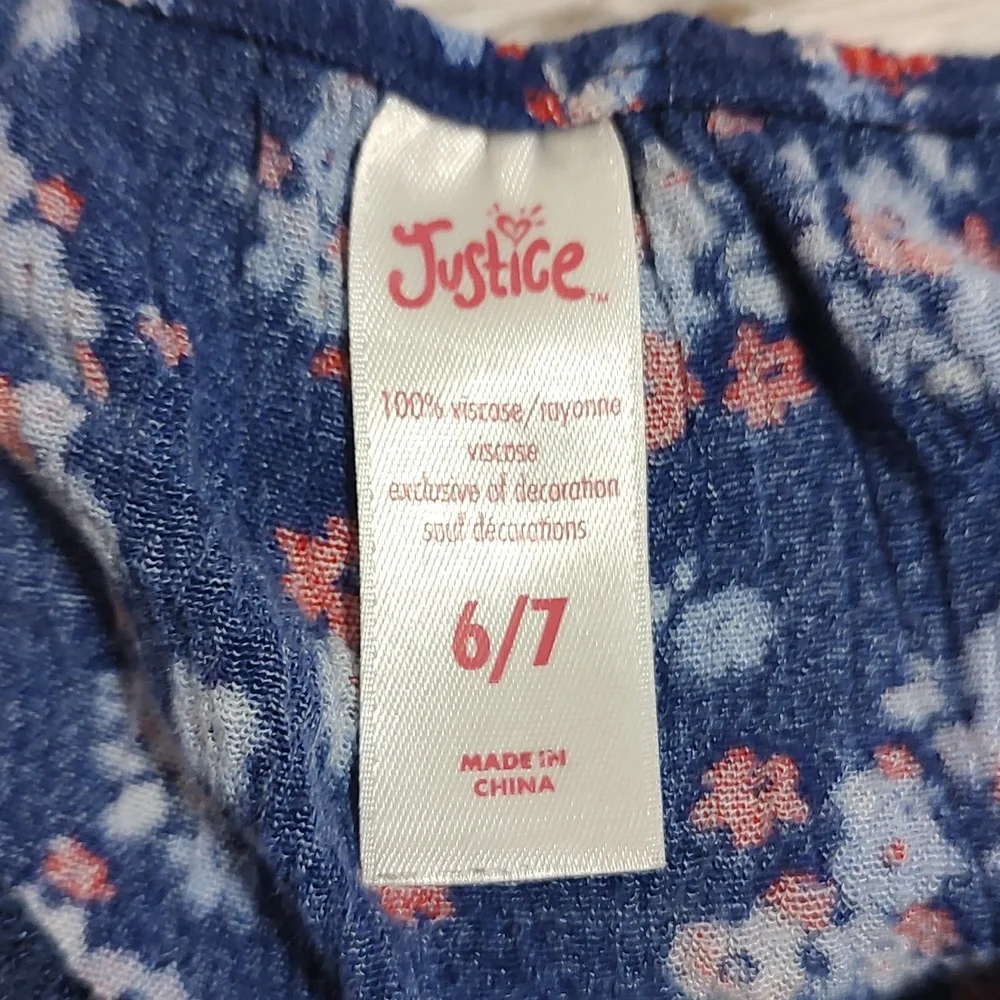 Justice Girls Floral Boho Blouse Blue Crochet Tassels Scoop Neck Bell Sleeve 6/7